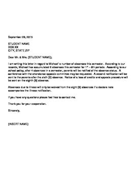 Attendance Letter by Topflite Sellers | Teachers Pay Teachers