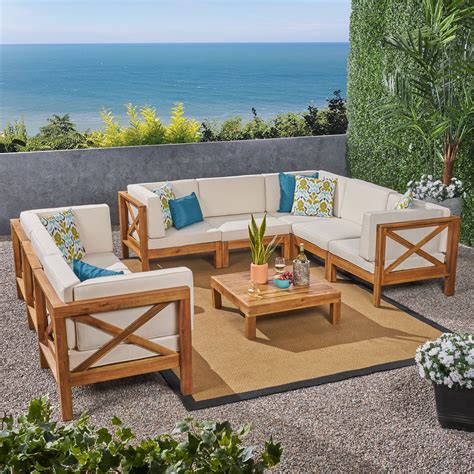 Elisha Outdoor 9 Piece Acacia Wood Sectional Sofa Set With Cushions And