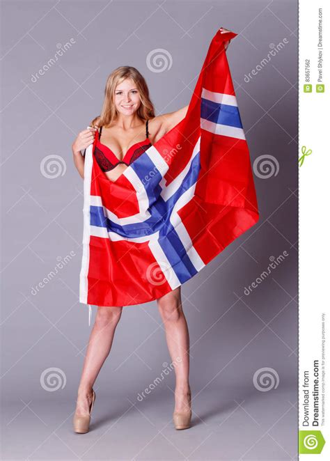 Beautiful Woman With Flag Of Norway Stock Photo Image
