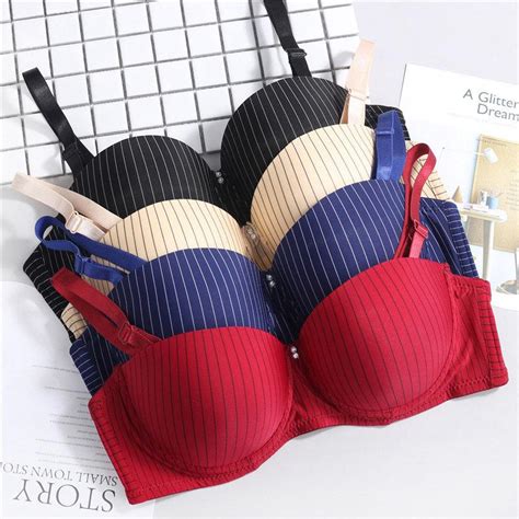 Ladies Sexy Bras Striped Gathered Steel Ring Push High Seamless Massage