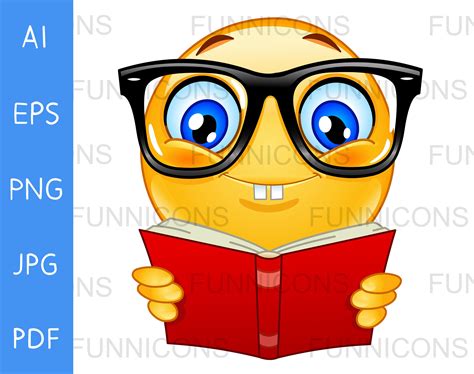 Clipart Cartoon Of A Nerd Emoji Emoticon With Eyeglasses And Reading A