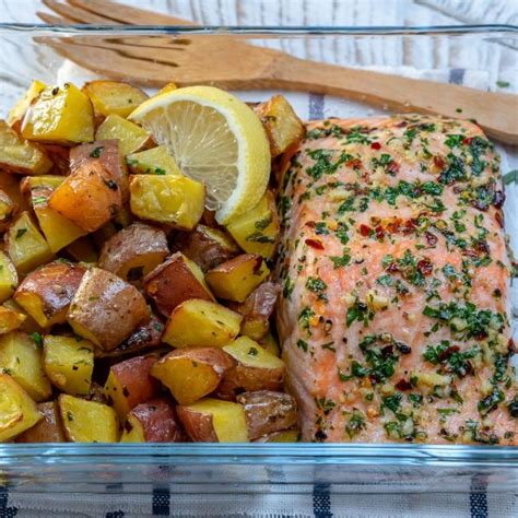 Brush the potatoes with more of the melted butter mixture then sprinkle mozzarella and parmesan on top. One Sheet-Pan Garlic Butter Salmon + Red Potatoes for ...