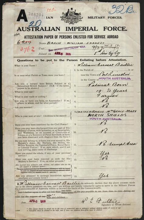 Attestation Paper For William Ernest Baillie Service Number 3762