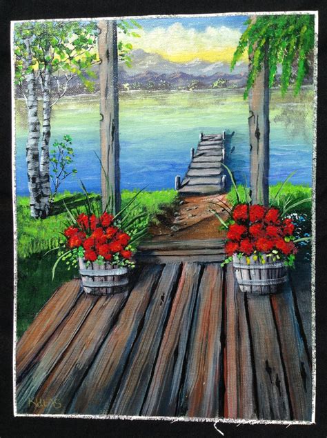 Peaceful Summer Lake Dock Mountains Original Hand Painted Etsy