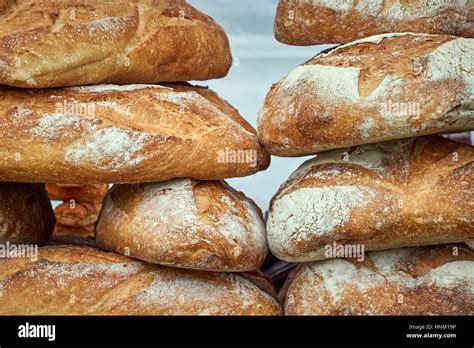 A Stack Of Artisan Bread Loaves Detail Stock Photo Alamy