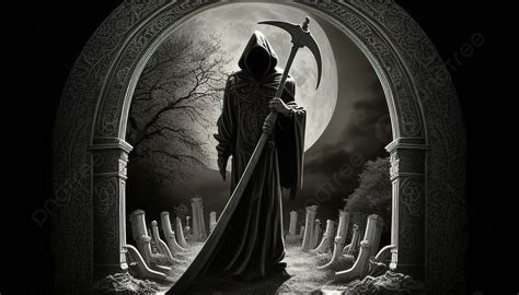 Grim Reaper Is Walking In A Cemetery During The Moonlight Background