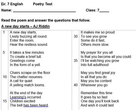 English Hl Poetry Test Memo Teacha