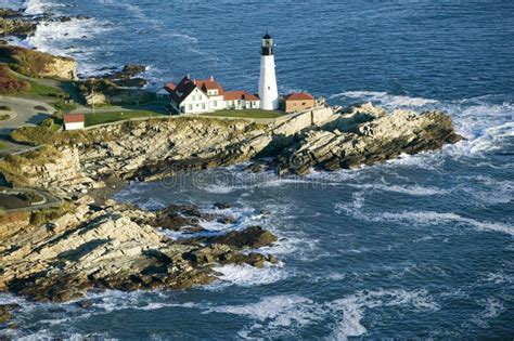Aerial View Of Portland Head Lighthouse Cape Elizabeth Maine Stock