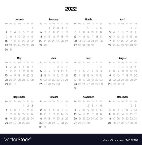 Monthly Calendar Year 2022 Royalty Free Vector Image