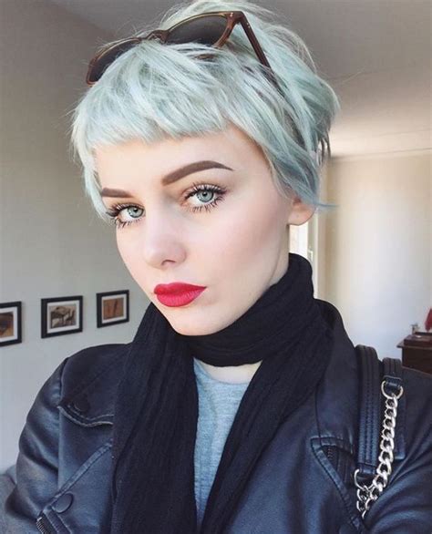 Bright Blue Pixie Hair Cuts With Blunt Fringe Pastel Short Hairstyle