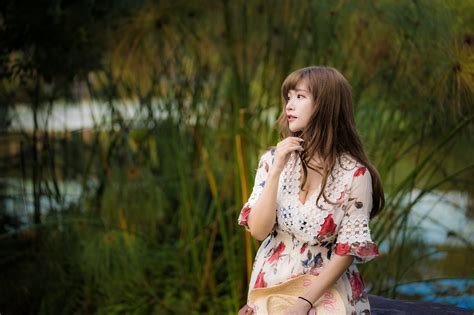 wallpaper asian model long hair brunette depth of field plants dress looking away