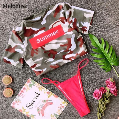 Summer Camouflage Sport Swimsuits Half Sleeve Bikini Set 2018 Push Up Swimwear Women Sexy Thong