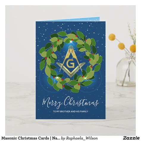 Masonic Christmas Cards Navy Gold Holiday Wreath Zazzle Christmas
