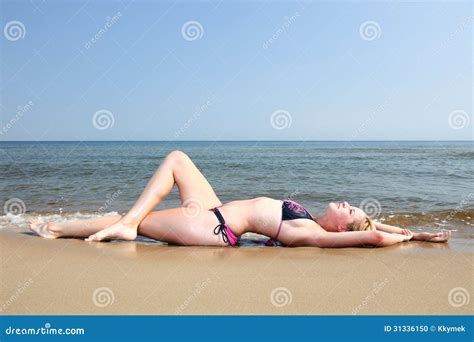 Beautiful Woman In Bikini Sunbathing Seaside Stock Photo Image Of Background Smile