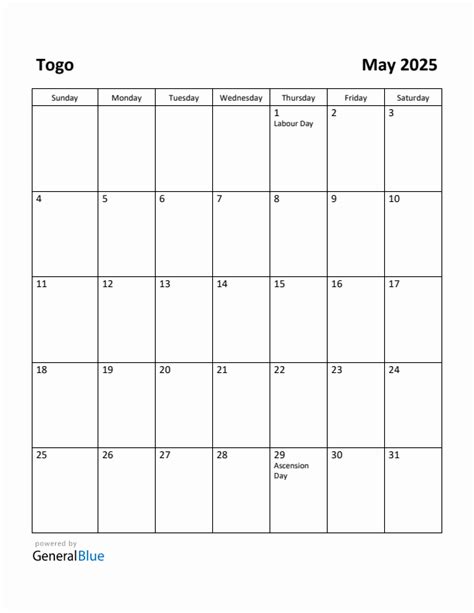 Free Printable May 2025 Calendar For Togo