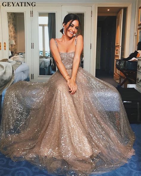Glitter Sequin Rose Gold Prom Dresses 2019 Sexy Spaghetti Straps A Line