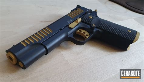 Custom 1911 Pistol Cerakoted Using Graphite Black And Gold Cerakote