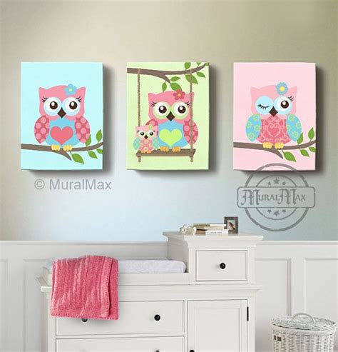 Girl Room Decor Owl Canvas Art Baby Nursery Owl Canvas Set Woodland