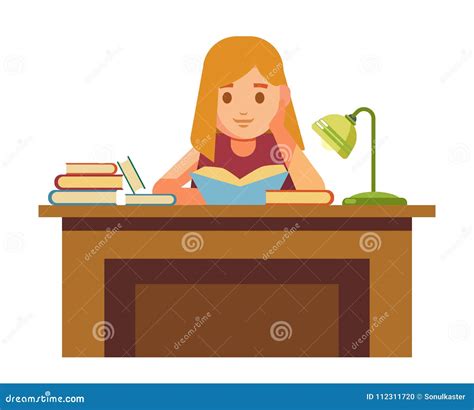 girl sits at table with books and reads stock vector illustration of lamp pile 112311720