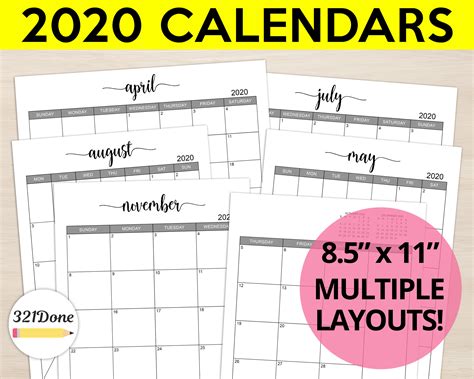 Printable 2020 Blank Calendar On 8 X 11 Size Example Calendar Printable