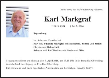 Traueranzeigen Von Karl Markgraf Mittelbayerische Trauer