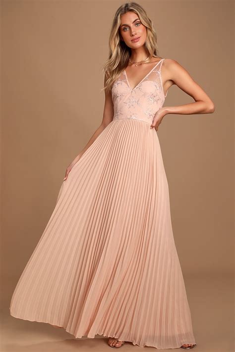 Lovely Blush Pink Dress Pleated Maxi Dress Lace Dress Lulus