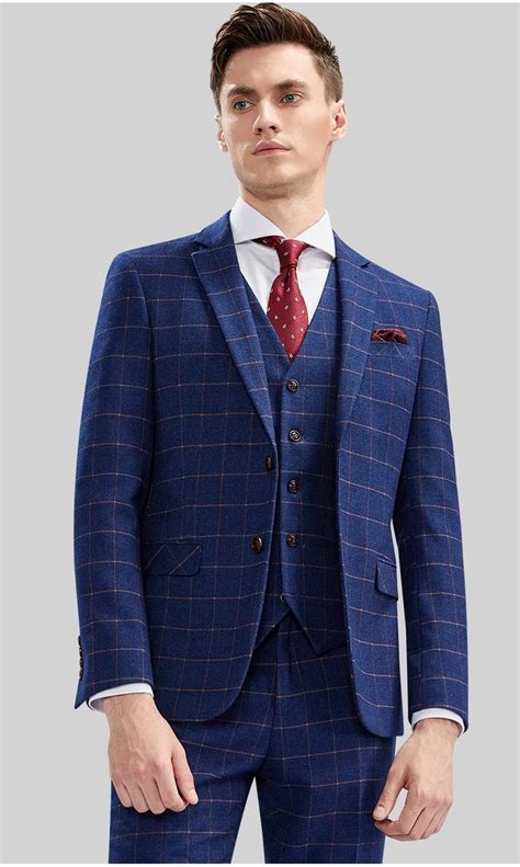 Gentlemen Checked Pattern Plaid Suits 3 Pieces Blue Mens Business