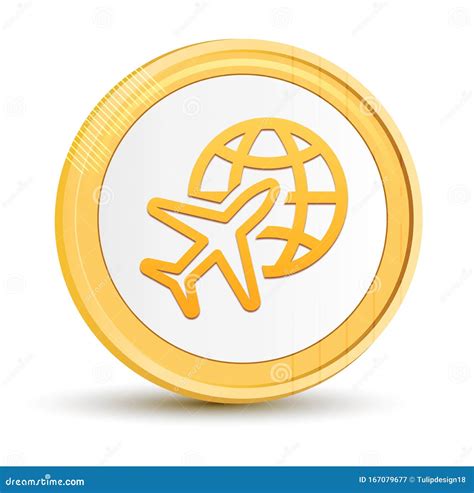 Plane World Icon Gold Round Button Golden Coin Shiny Frame Luxury