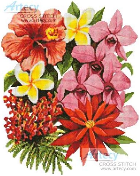 Counted cross stitches in a design are a very complex form of embroidery because in this you have to complete a certain design in a particular count stencils that are used to make counted cross stitch patterns are a tad difficult to handle especially when you have a specific limit on your stitch count. Tropical Flowers of Oz Cross Stitch Pattern flowers