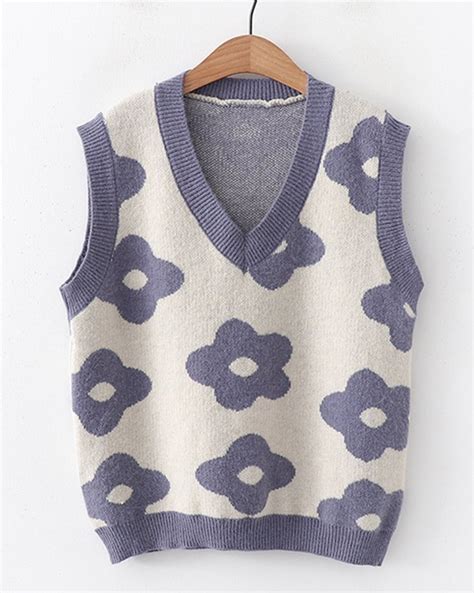 2021 Floral Print Jacquard Sweater Vest Blue M In Sweater Vest Online