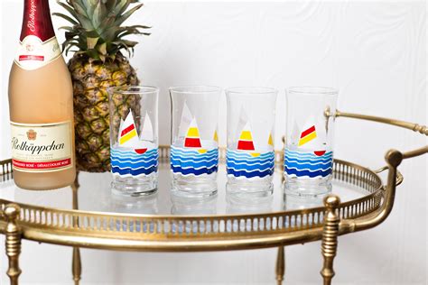 Vintage Sailing Glasses 80 S Sailboat On The Lake Glassware Nautical Ocean Surfing Beach