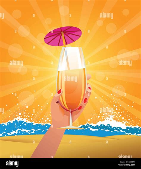 Tropical Cocktail In Womans Hand On The Beach Vector Illustration
