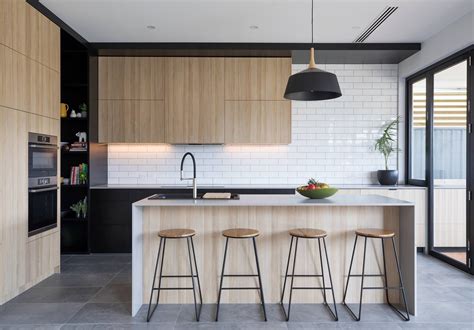 Kitchen Dark Floor Tile And Polytec Maison Oak Laminate Light Stone