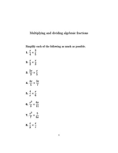 Multiplying And Dividing Algebraic Fractions Worksheet With Detailed