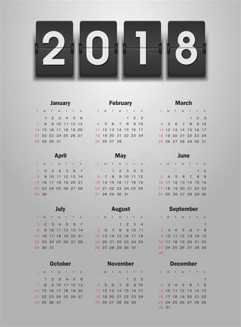 Calendar 2018 Year Week Starts From Sunday Stock Vector Illustration
