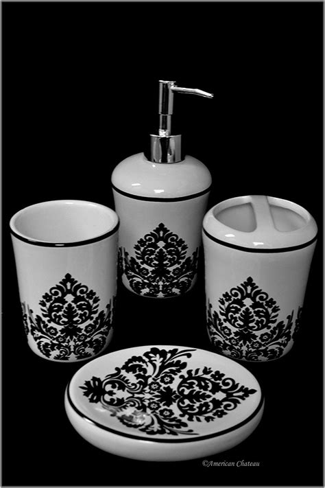 4 Piece Black And White Ceramic Damask Bathroom Accessory Set