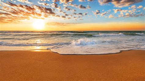 Wallpaper Beautiful Sunset Beach Coast Sea Waves Sand Sun