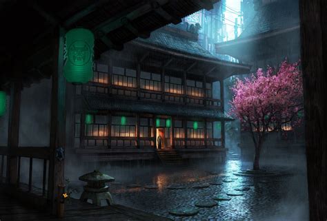 Drawing Cherry Blossom Temple Rain Wallpapers Hd Desktop And