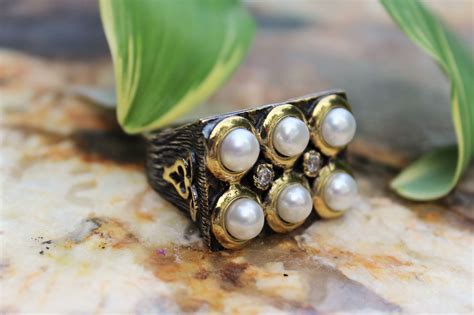 Bora Sterling Silver And Bronze Engraved Pearl Band Ring Band Rings