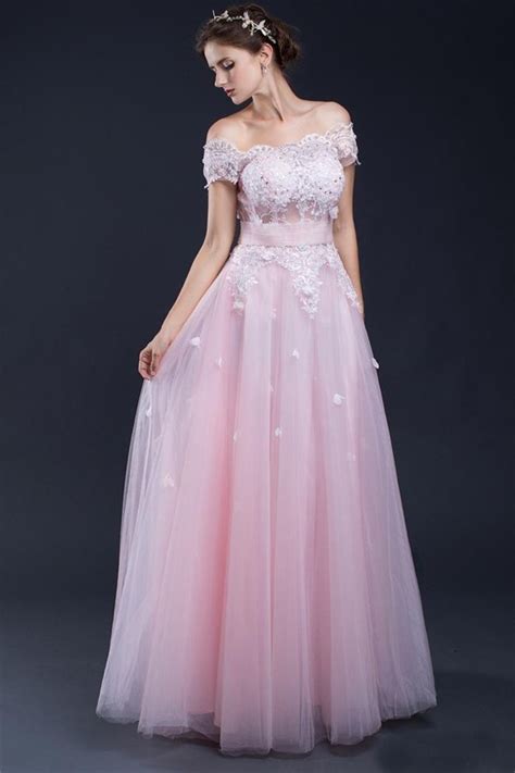 A Line Off The Shoulder Long Light Pink Tulle Lace Prom Dress With Flowers