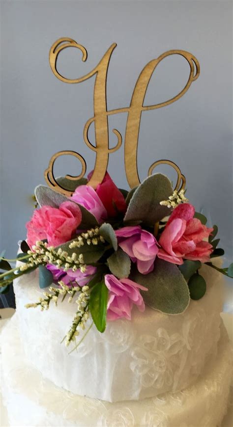 Simple Script Initial Cake Topper With Flowers By Paper Heart Blooms