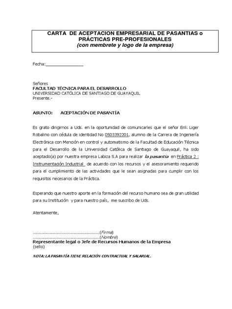 003 Modelo De Carta Empresarial De Aceptacion De Pasantias Pdf