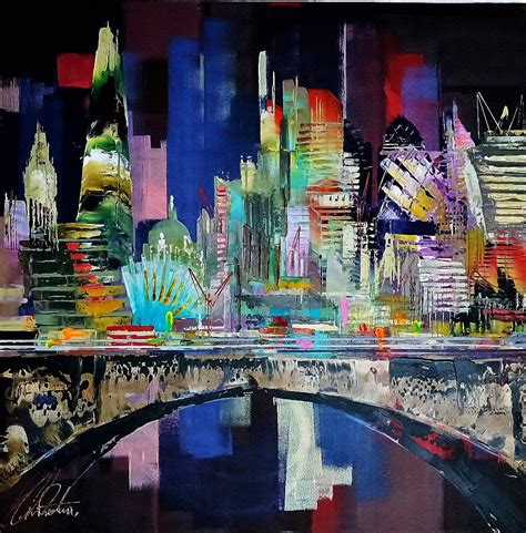 An Abstract Painting Of A Cityscape With Buildings In The Background