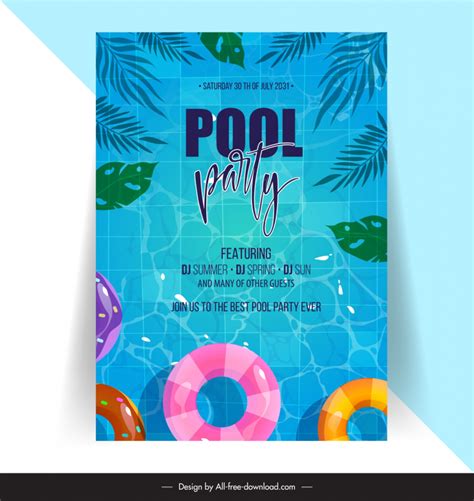 Pool Party Invitation Poster Template Flat Leaf Buoy Decor Vectors Images Graphic Art Designs In