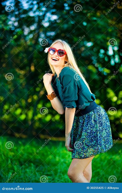 Girl On The Grass In Glasses Having Fun Outdoor Stock Image Image Of