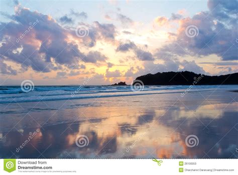 Tropical Beach Sunset Sky With Lighted Clouds Stock Image