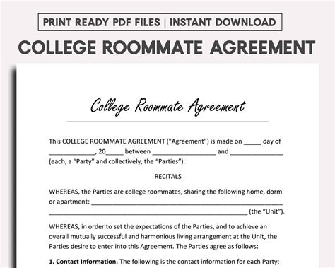 Editable College Roommate Agreement Download Now Etsy