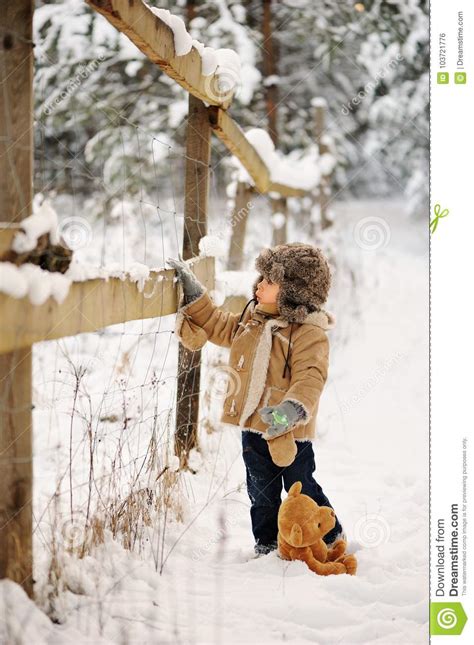 Boy Alone In The Winter In The Forest Stock Photo Image Of Little