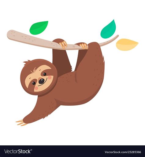Joyful Cute Cartoon Sloth Hanging On A Branch Vector Image Sloth Life