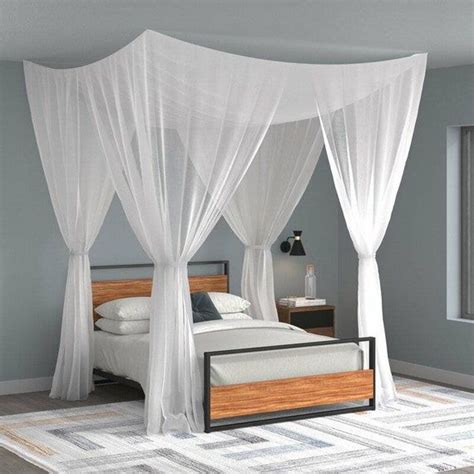 4 Corner Post White Bed Canopy Dome Sheer Bed Curtain Canopy Top Layer